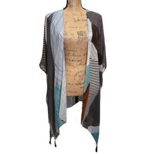 Moss Rose Open Front Kimono‎ Tassel Hem Abstract Print Flowy Coverup One Size